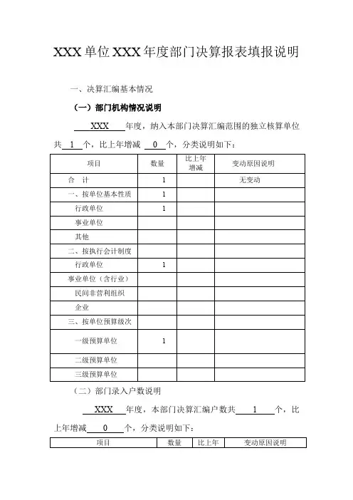 XX单位xx度部门决算报表填报说明模板