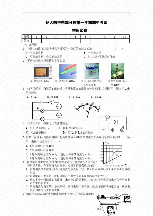 人教版扬大附中第一学期期中考物理测试带详解答案