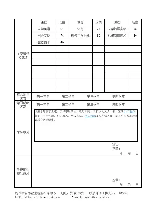 毕业生就业推荐表