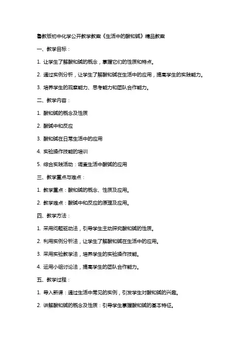鲁教版初中化学公开教学教案《生活中的酸和碱》教案