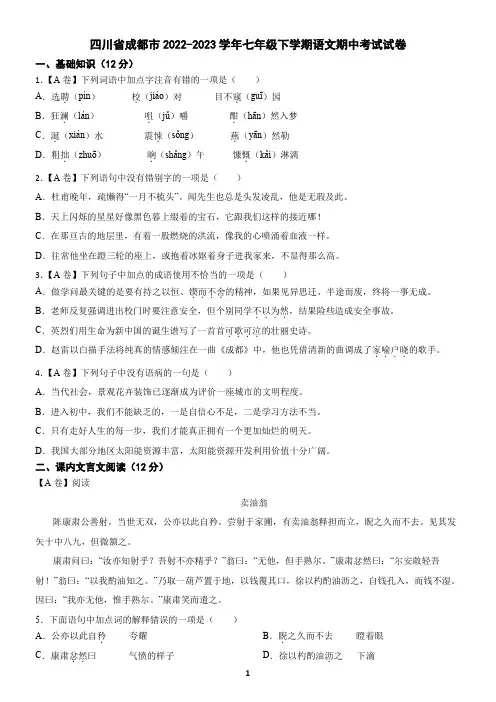 四川省成都市2022-2023学年七年级下学期语文期中考试试卷(含答案)
