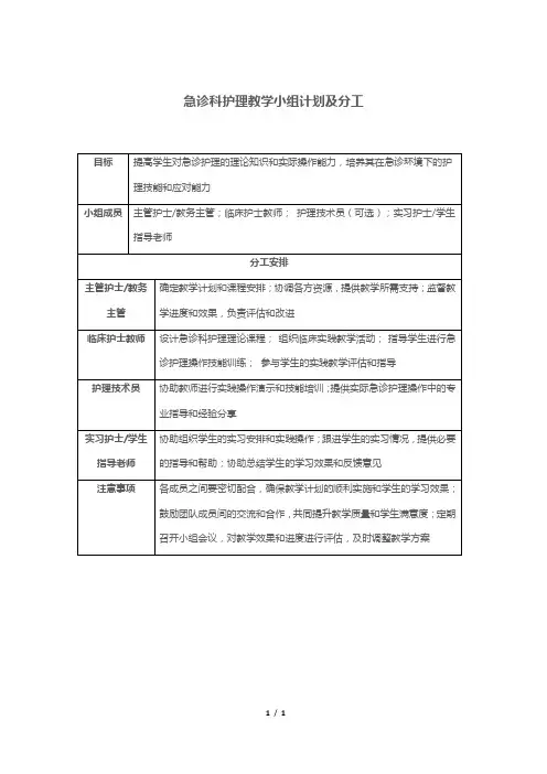 急诊科护理教学小组计划及分工