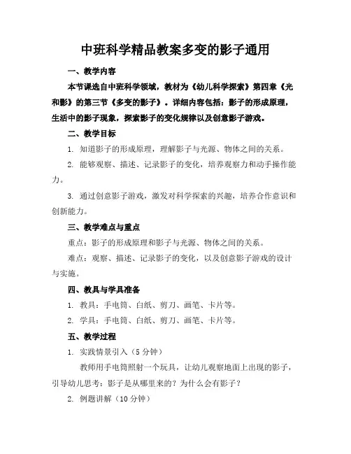 中班科学精品教案多变的影子通用