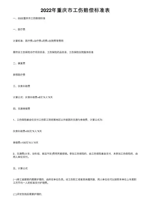2022年重庆市工伤赔偿标准表