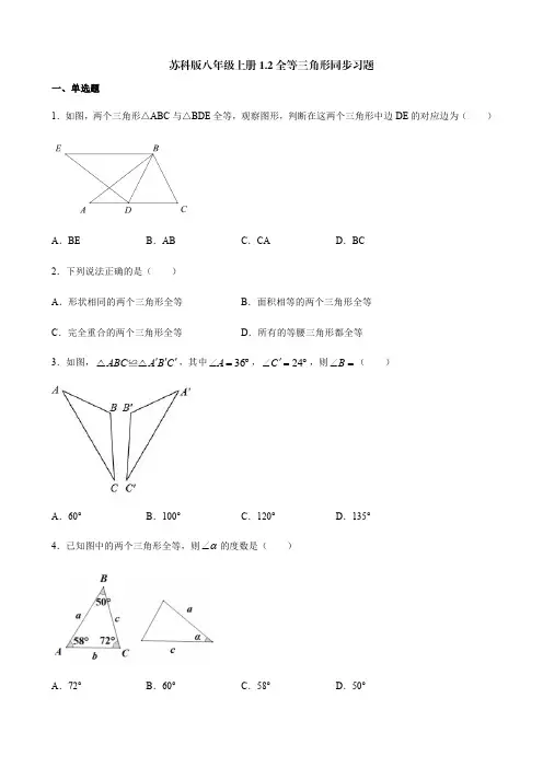苏科版八年级上册1-2全等三角形同步习题(含解析)-doc