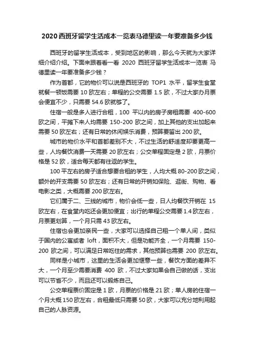 2020西班牙留学生活成本一览表马德里读一年要准备多少钱