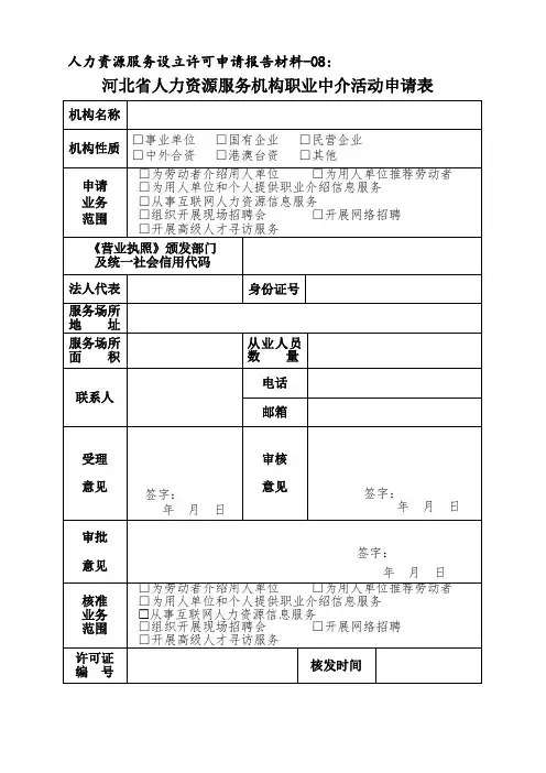 河北省人力资源服务机构职业中介活动申请表