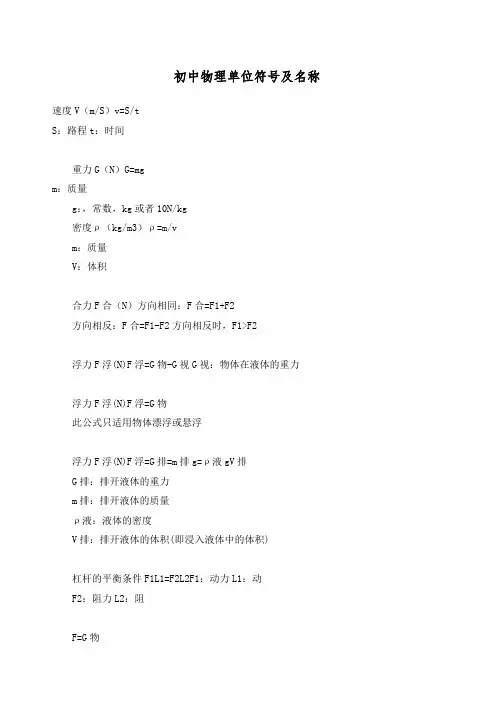 初中物理单位符号及名称
