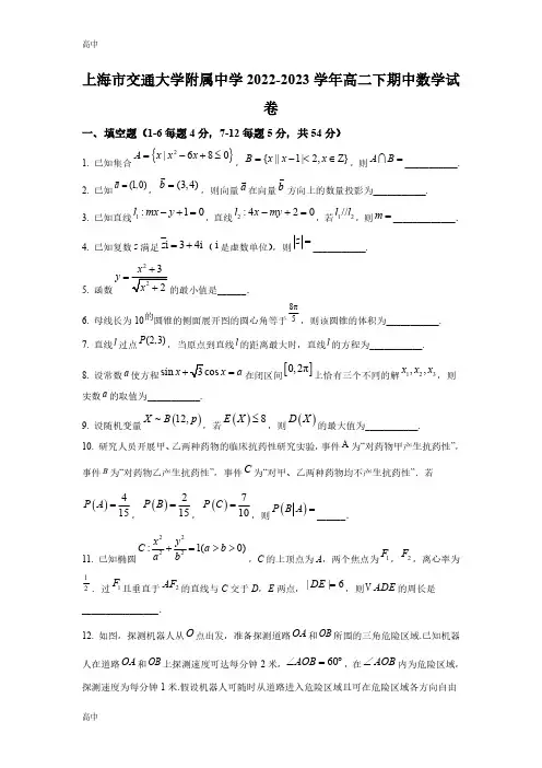 2023年上海交通大学附属中学高二下期中数学试卷及答案