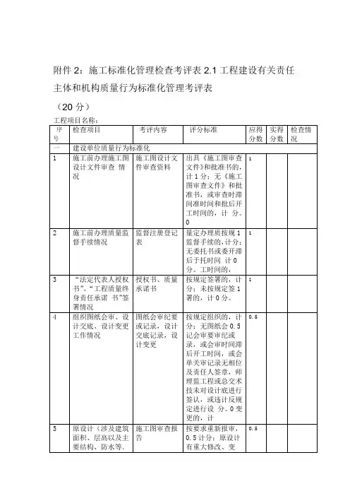 质量管理标准化管理考评表