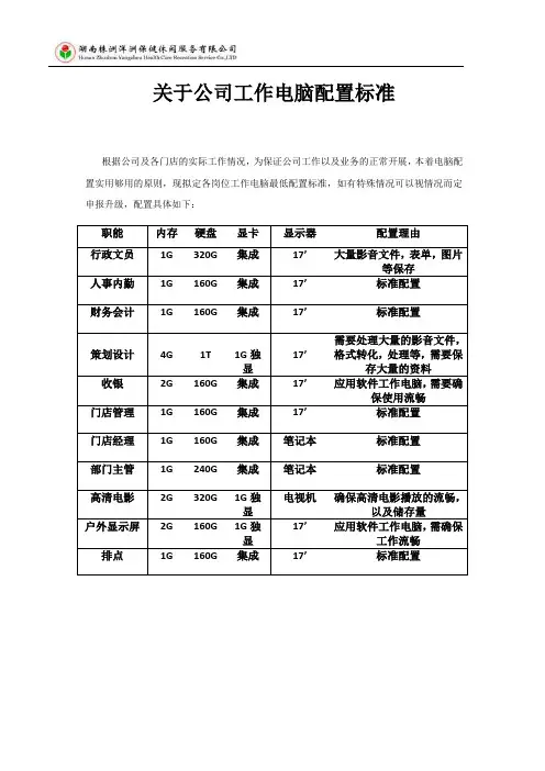 关于公司工作电脑配置标准