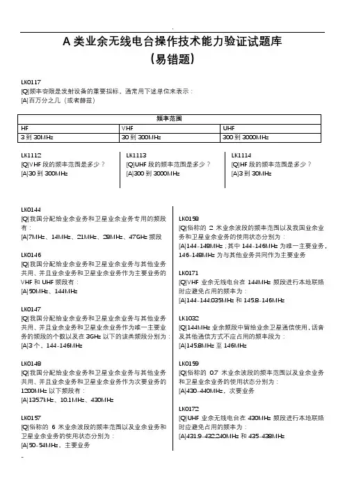 A类业余无线电台操作技术能力验证试-题库易错题