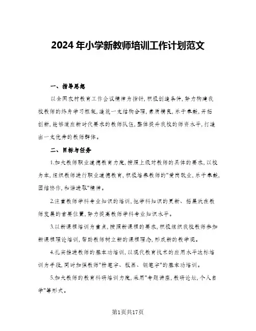 2024年小学新教师培训工作计划范文(五篇)