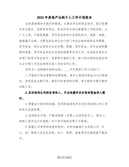 2024年房地产出纳个人工作计划范本（三篇）