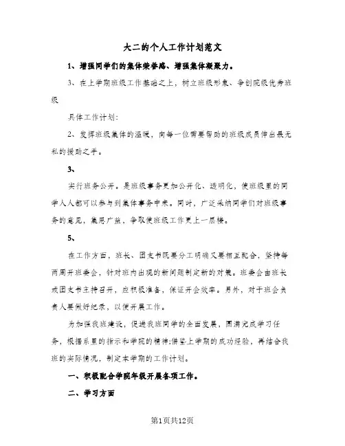 大二的个人工作计划范文(4篇)