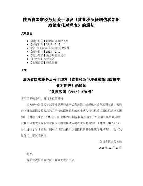陕西省国家税务局关于印发《营业税改征增值税新旧政策变化对照表》的通知