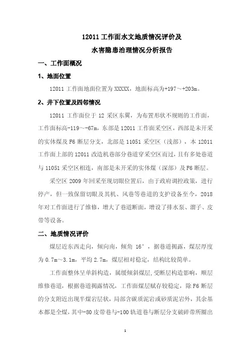 12011回采工作面水文地质情况评价和水害隐患治理情况分析报告