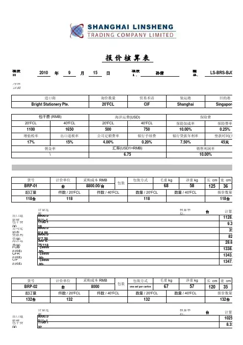 国际贸易实习报价核算表