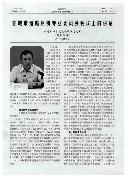 在城市道路照明专业委员会会议上的讲话