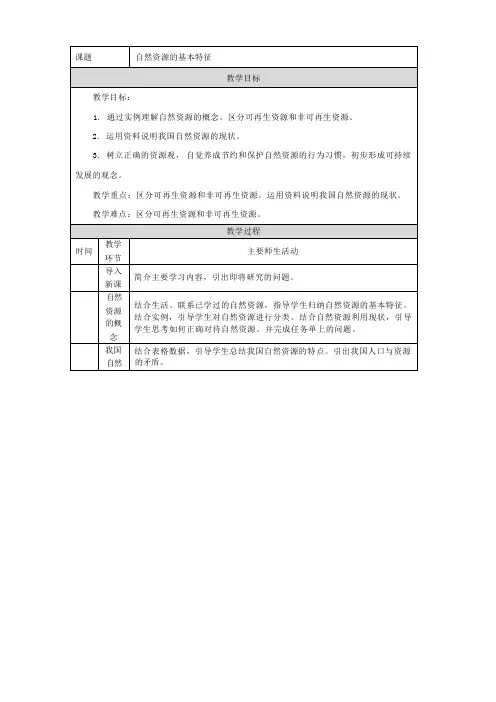 第三章第一节 自然资源的基本特征 教学设计(表格式)人教版地理八年级上册
