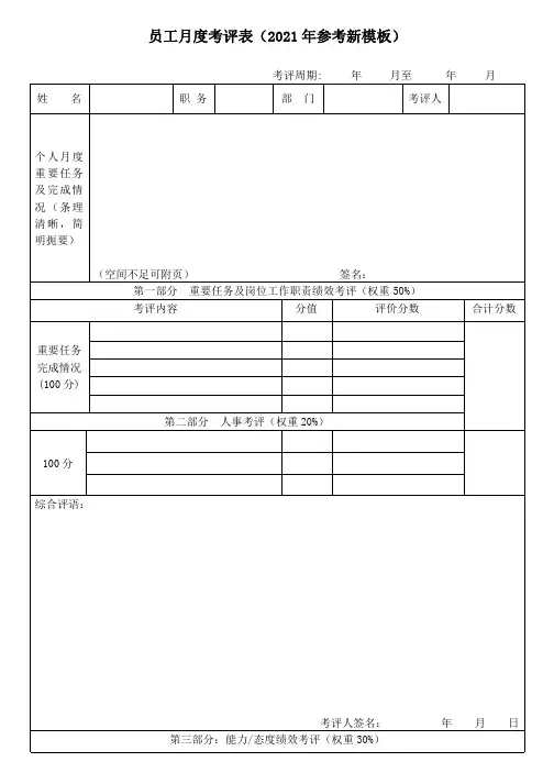 员工月度考评表(2021年参考新模板)