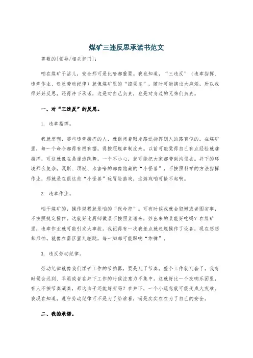 煤矿三违反思承诺书范文