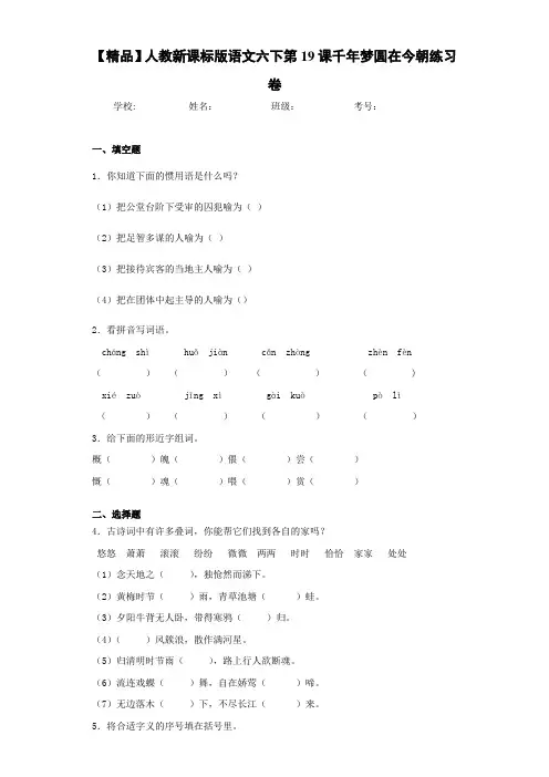 小学人教新课标版语文六下第19课千年梦圆在今朝练习卷(含答案解析)