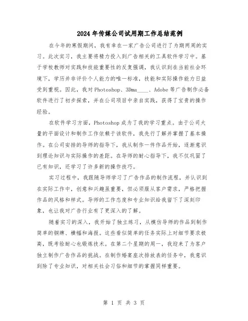 2024年传媒公司试用期工作总结范例（二篇）