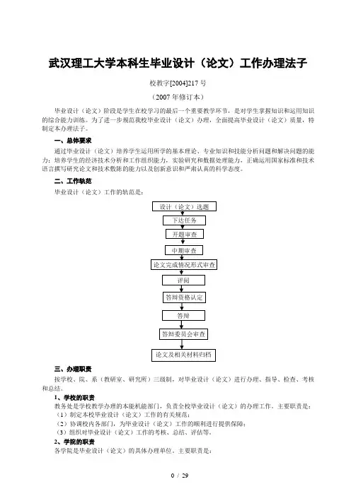 武汉理工大学本科生毕业设计(论文)工作管理办法