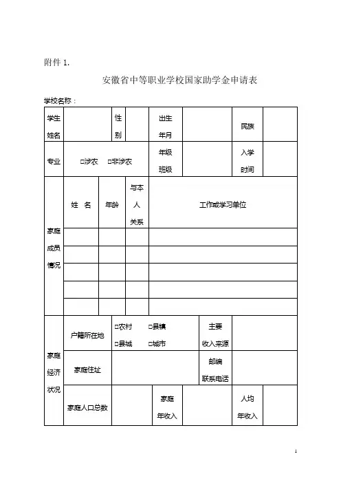 安徽省中等职业学校国家助学金申请表