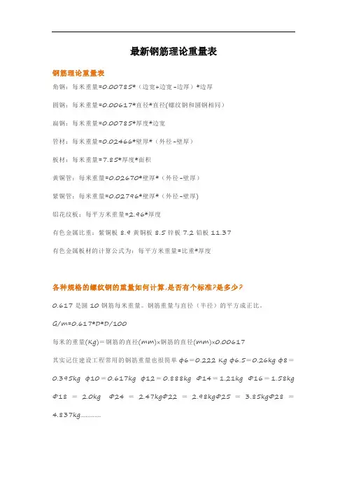 最新钢筋理论重量表