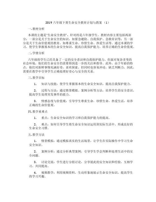 2019六年级下册生命安全教育计划与教案 (1)