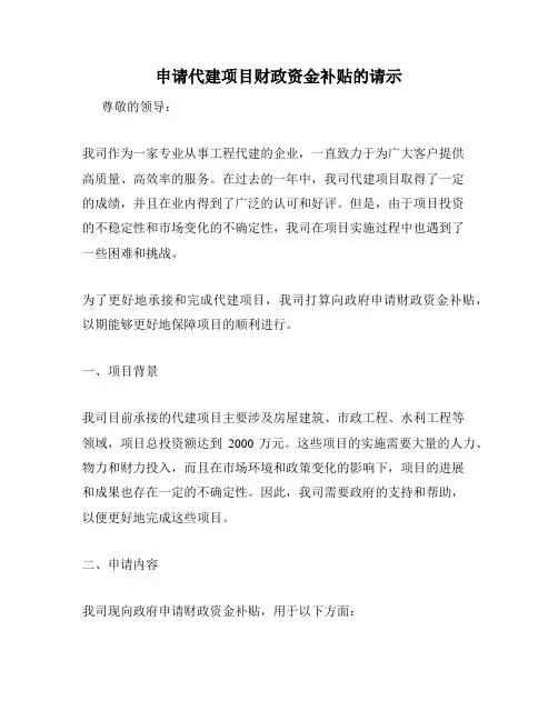 申请代建项目财政资金补贴的请示