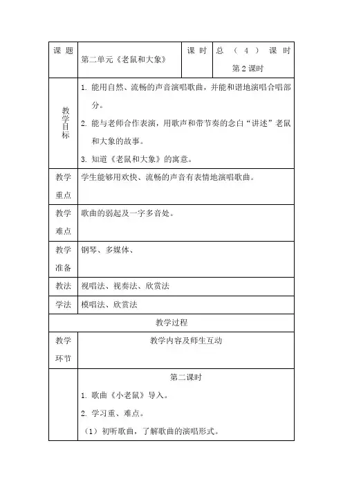 人教版  四年级上册音乐教案 第二单元 歌表演 老鼠和大象(表格式)