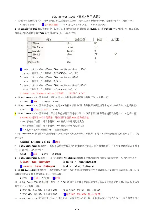 SQL Server(青鸟-复习试题及参考答案-2010.6)