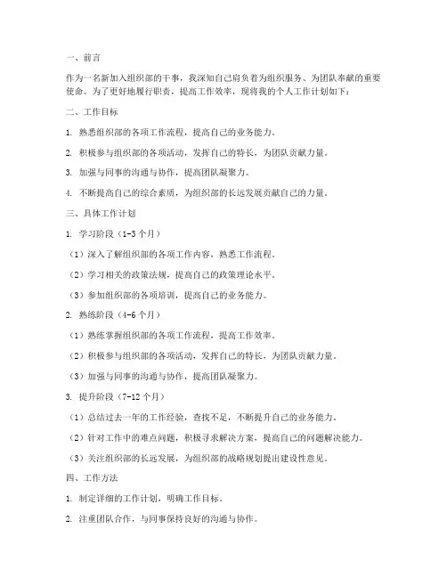 组织部新干事个人工作计划