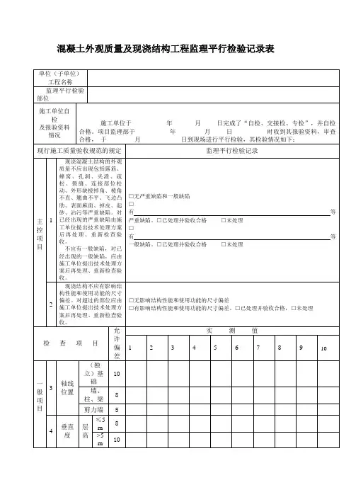 混凝土外观质量及现浇结构工程监理平行检验记录表