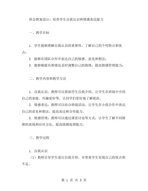 培养学生自我认识和情感表达能力的班会教案设计