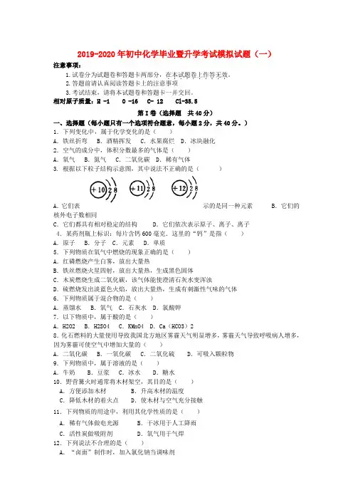2019-2020年初中化学毕业暨升学考试模拟试题(一)