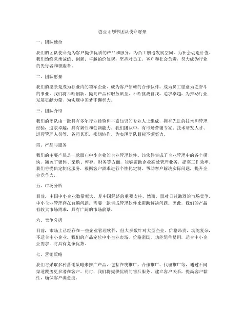 创业计划书团队使命愿景
