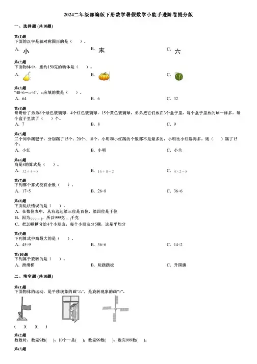2024二年级部编版下册数学暑假数学小能手进阶卷提分版