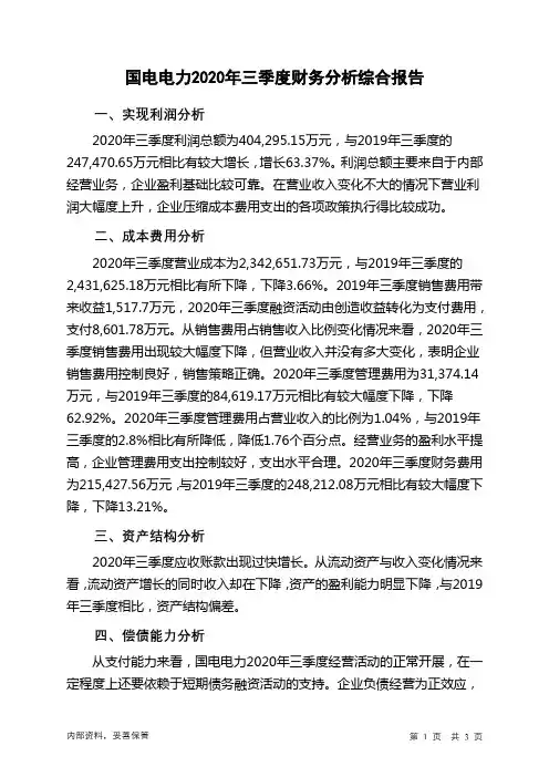 国电电力2020年三季度财务分析结论报告