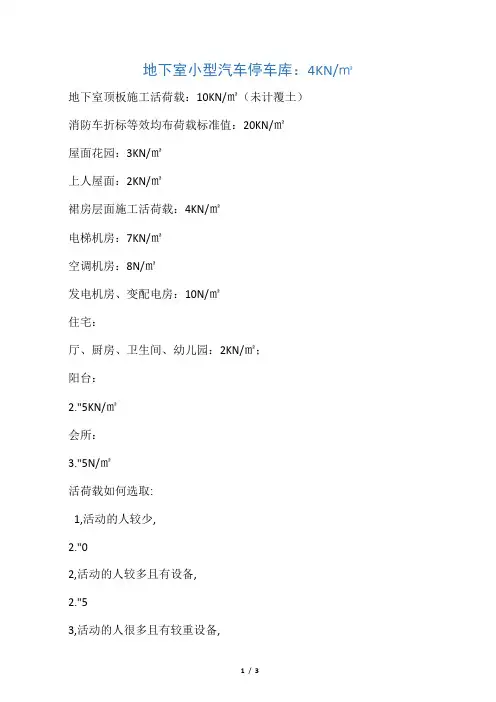 各种楼面荷载取值