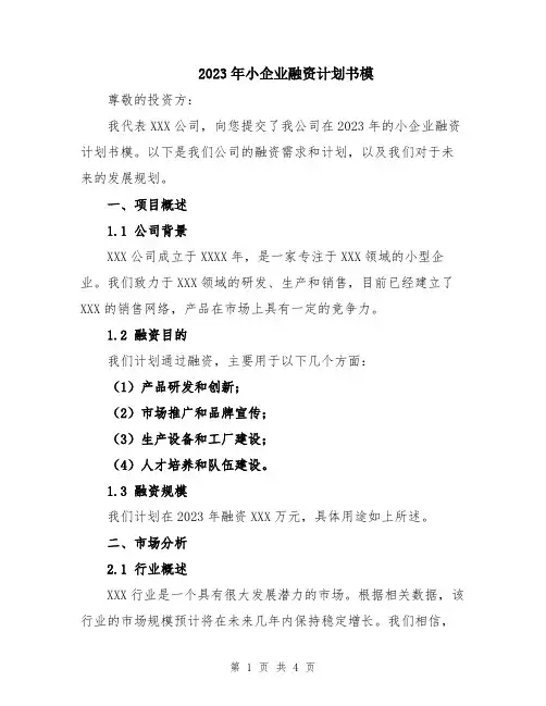 2023年小企业融资计划书模