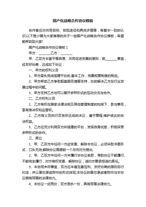 国产化战略合作协议模板