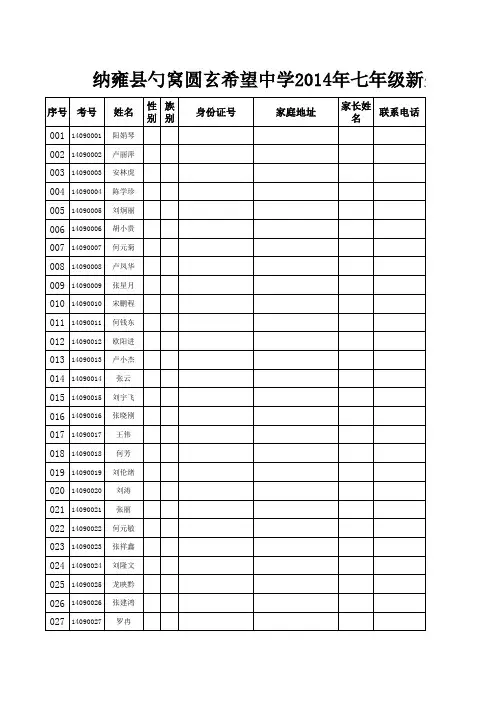 勺窝中学七年级新生报名登记表