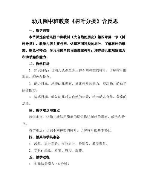 幼儿园中班教案《树叶分类》含反思