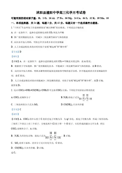 江苏省宿迁市沭阳县潼阳中学2022-2023学年高三上学期第一次月考化学试题(解析版)