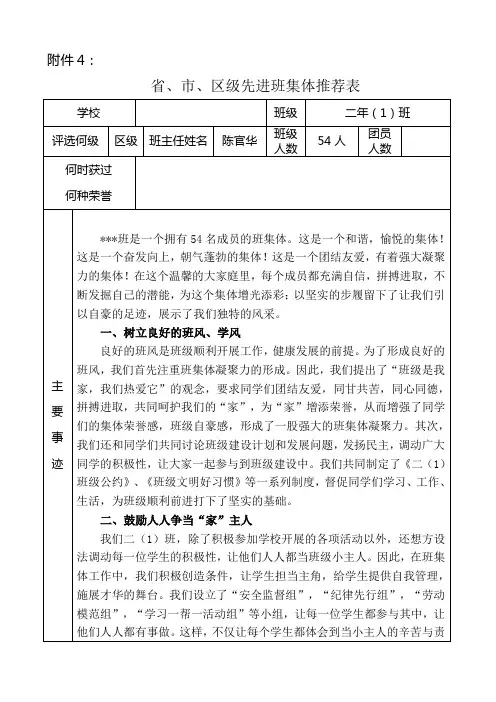 二(1)区级先进班集体推荐表