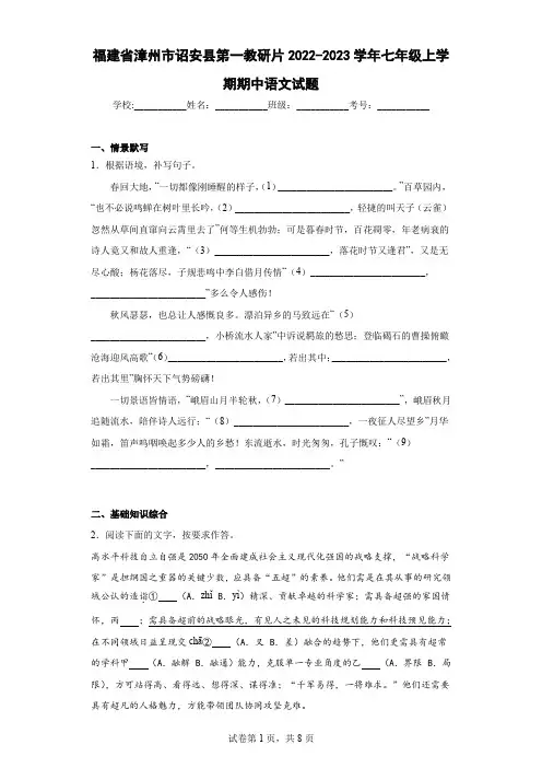 福建省漳州市诏安县第一教研片2022-2023学年七年级上学期期中语文试题(含答案解析)